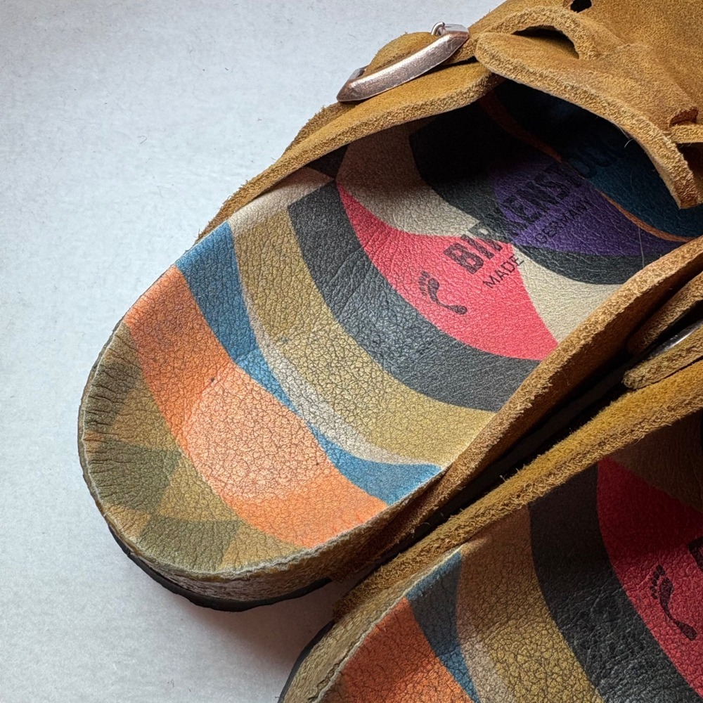 Birkenstock Boston Suede Clogs Brown Tobacco Multi Color Pattern Footbed Womens - Picture 5 of 6